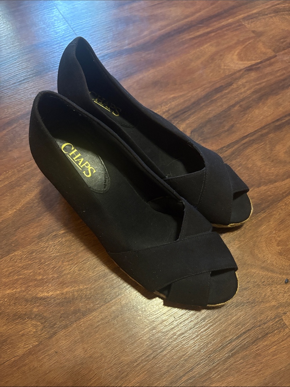 Chaps Dakota Black Peep-Toe Crossover Wedge Heels